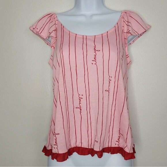 Cute pink red heart I love you text open back ruffle y2k top size small - Picture 1 of 6
